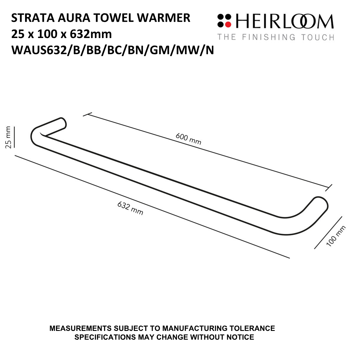 Heirloom Strata Aura Single Bar Towel Warmer | 632mm - Available in 8 Colours
