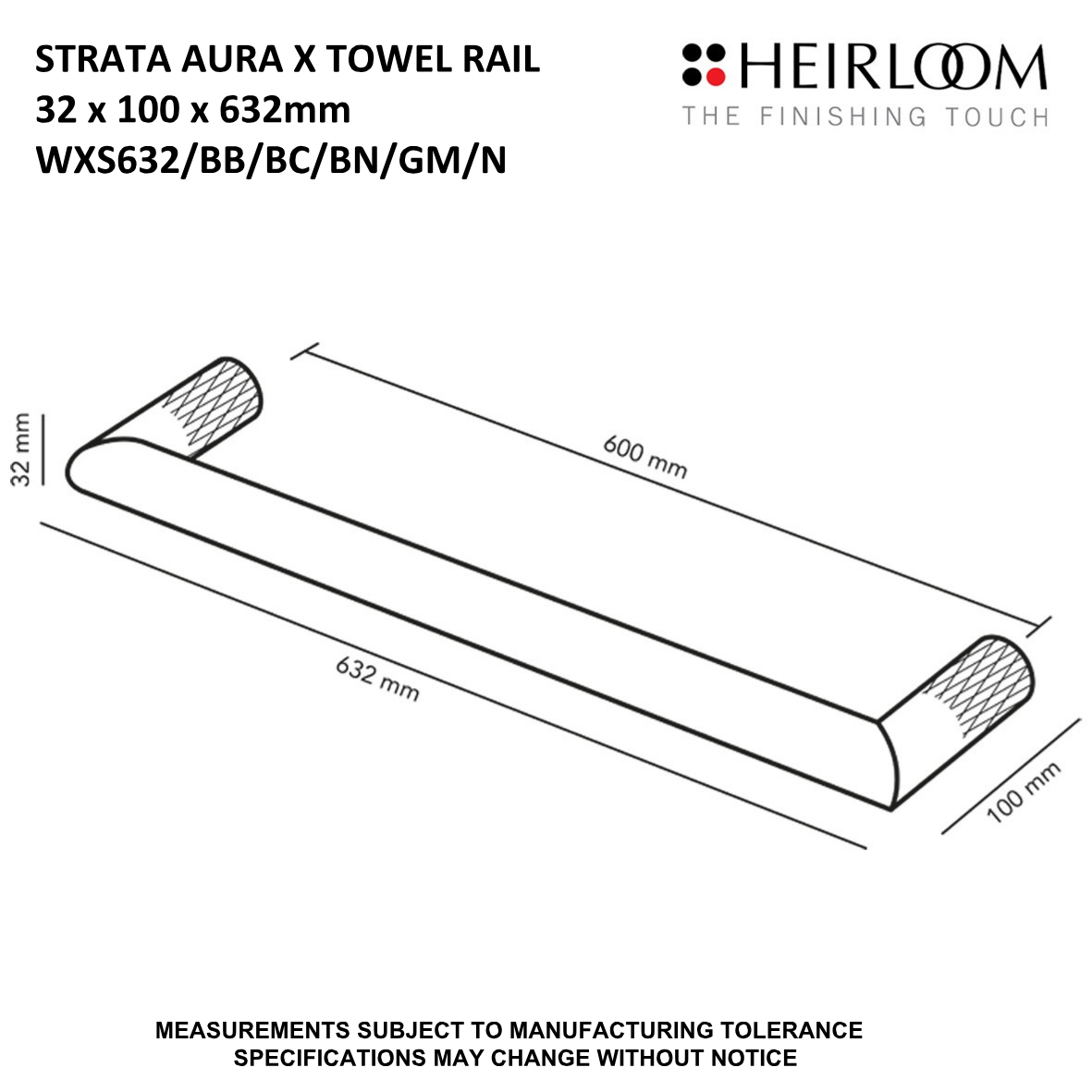 Heirloom Strata Aura X Single Bar Towel Warmer | 632mm - Available in 8 Colours