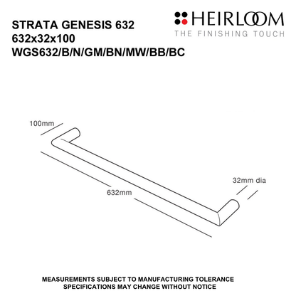 Heirloom Strata Genesis Single Bar Towel Warmer | 632mm - Available in 8 Colours