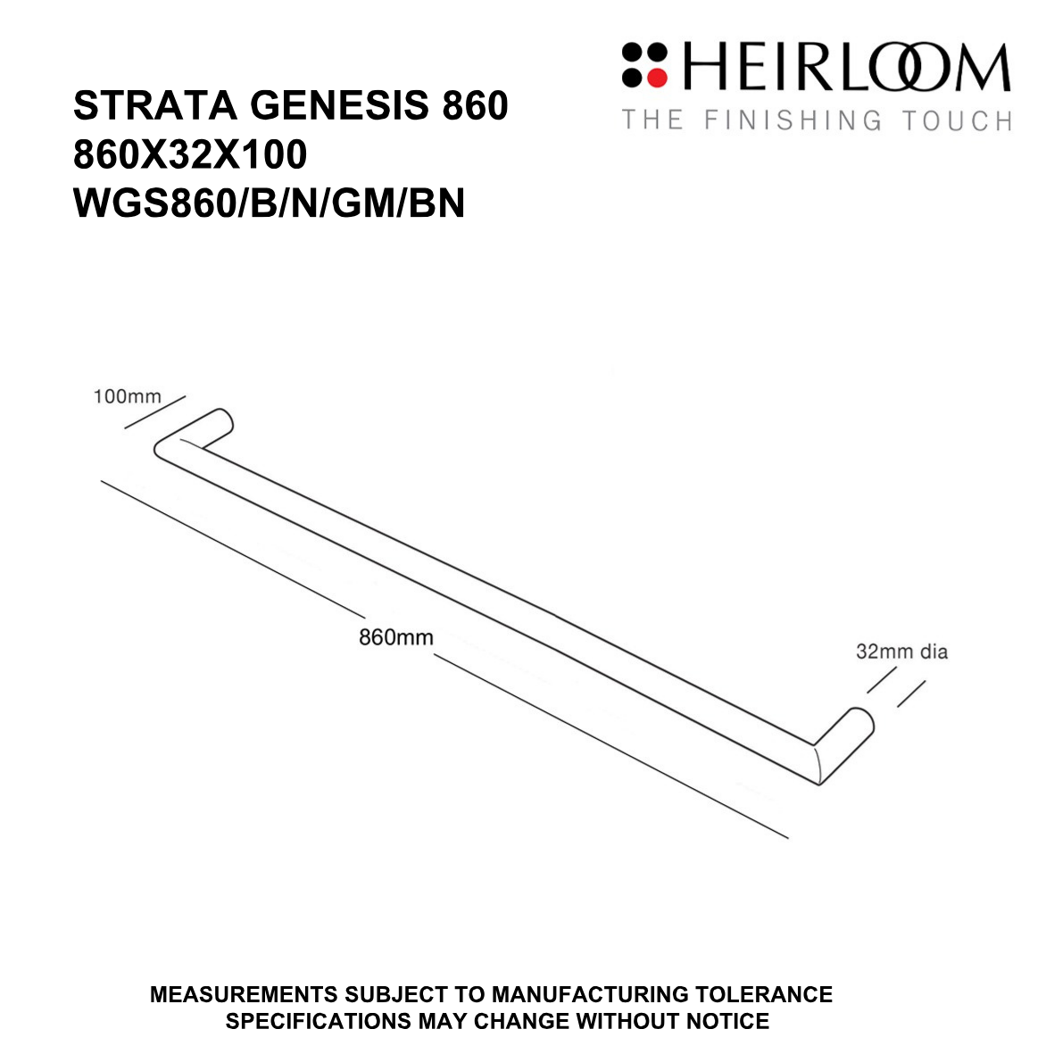 Heirloom Strata Genesis Single Bar Towel Warmer | 860mm - Available in 5 Colours