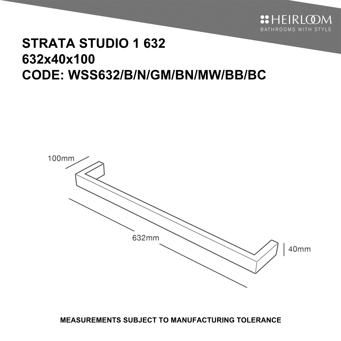 Heirloom Strata Studio 1 Single Bar Towel Warmer | 632mm - Available in 8 Colours