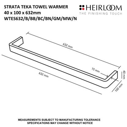 Heirloom Strata Teka Single Bar Towel Warmer | 632mm - Available in 8 Colours