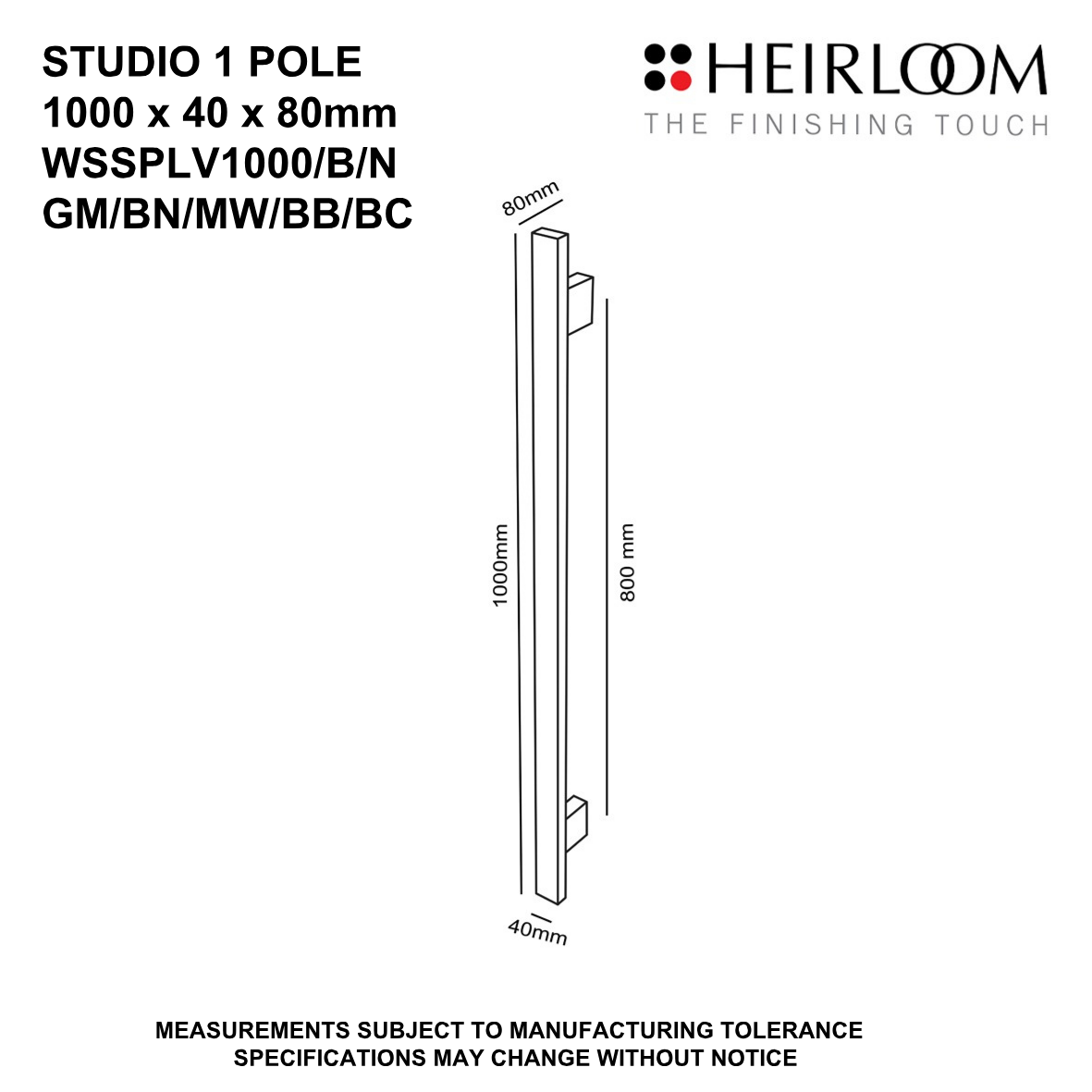Heirloom Studio 1 Pole Towel Warmer 1000mm | Available in 8 Colours