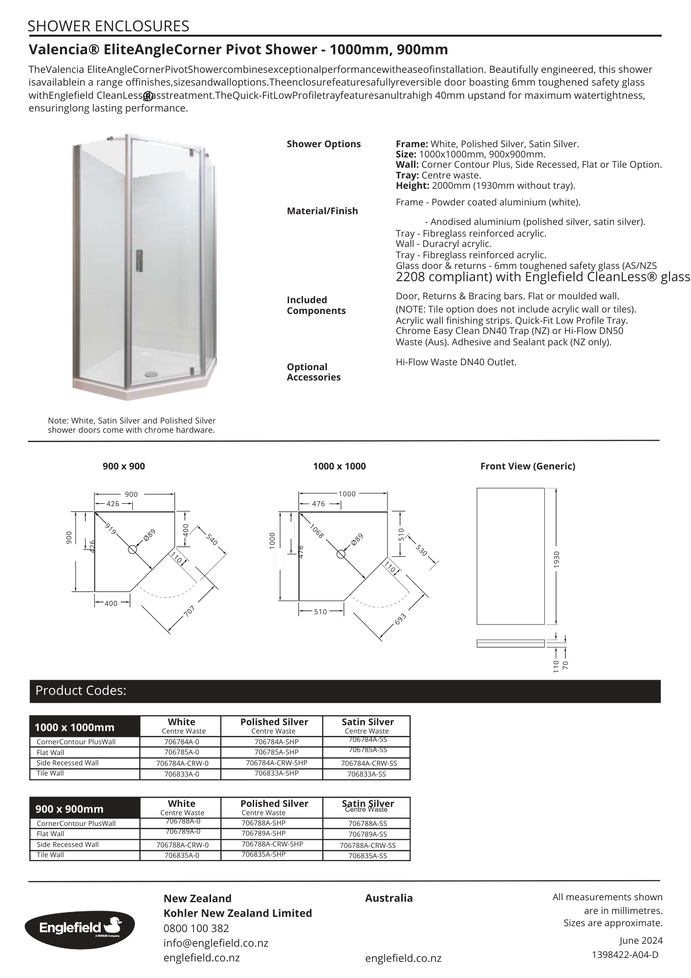 Englefield Valencia Elite Angle Corner Shower 900mm x 900mm Satin Silver - 3 Wall Options