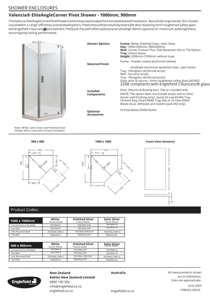 Englefield Valencia Elite Angle Corner Shower 900mm x 900mm Satin Silver - 3 Wall Options