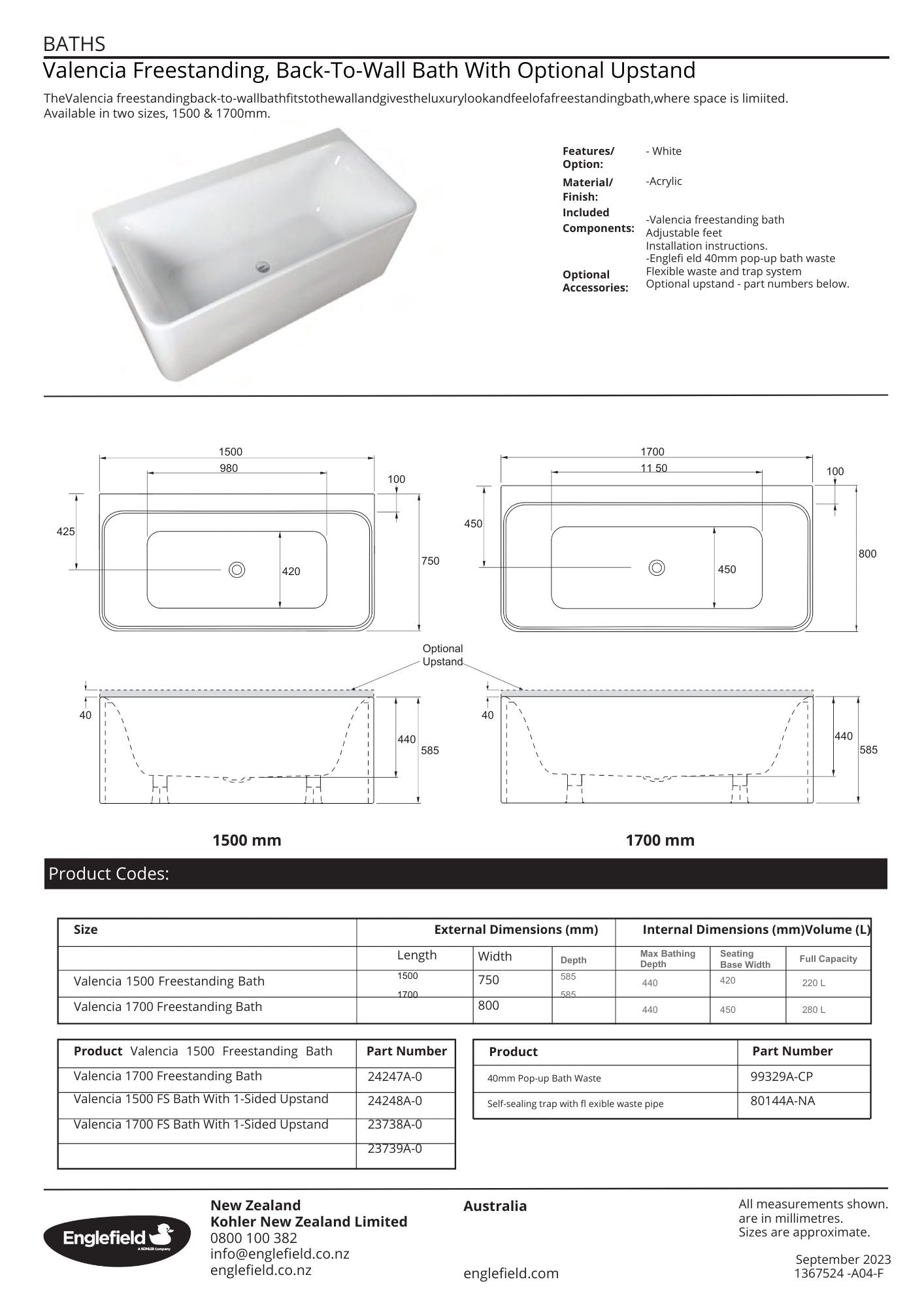 Englefield Valencia Freestanding Back To Wall Bath 1500mm
