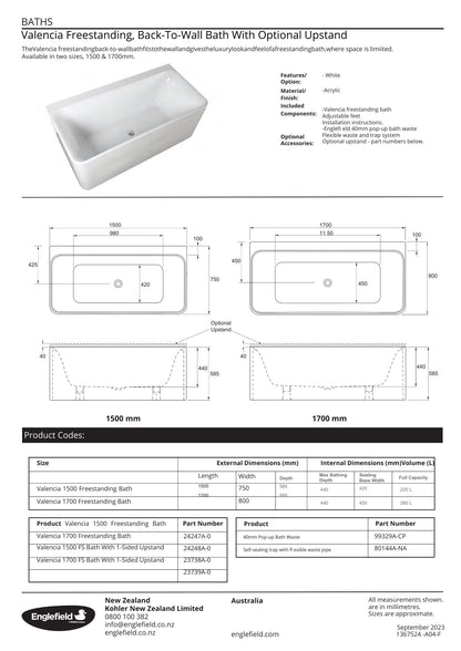 Englefield Valencia Freestanding Back To Wall Bath 1500mm
