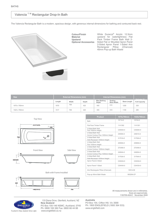Englefield Valencia Rectangular Bath - 2 Size Options