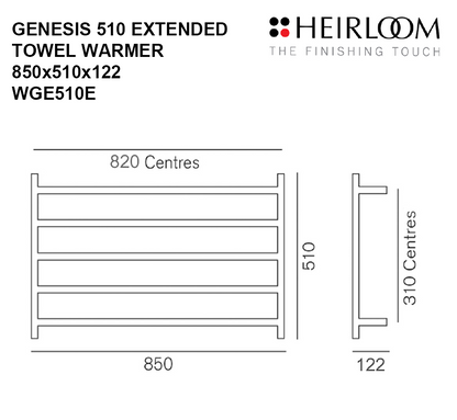 Heirloom Genesis ESP Extended Heated Towel Rail | 510 x 850mm - Chrome