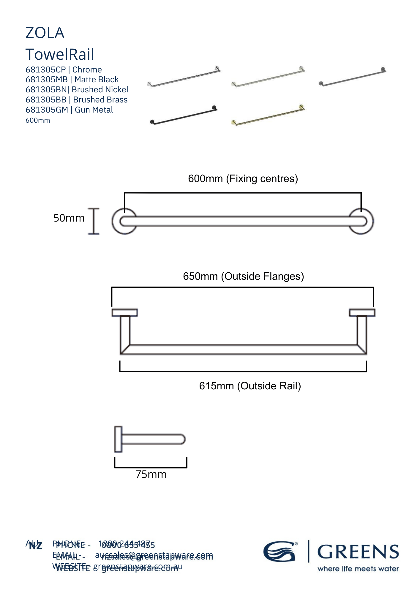 Greens Zola Single Towel Rail 600mm | Available in 5 Colours