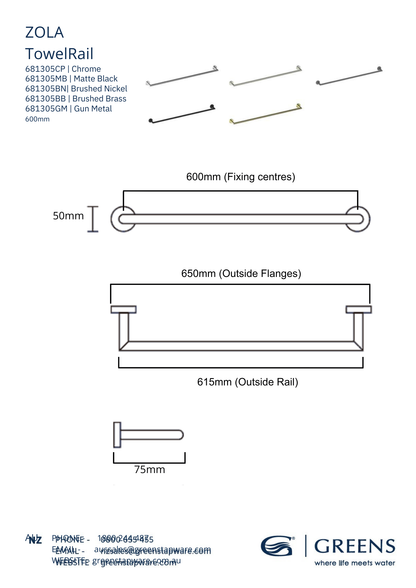 Greens Zola Single Towel Rail 600mm | Available in 5 Colours