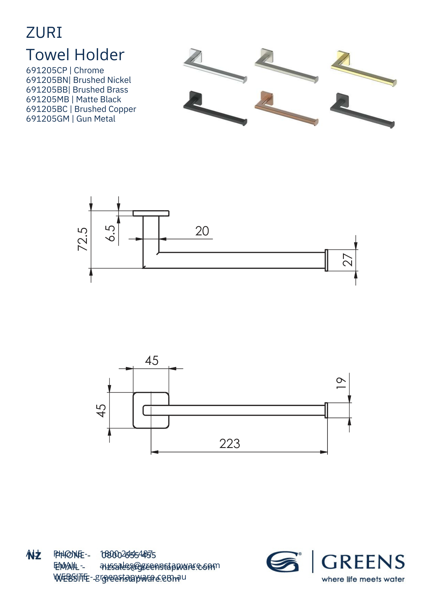 Zuri Towel Holder - 6 Colour Options