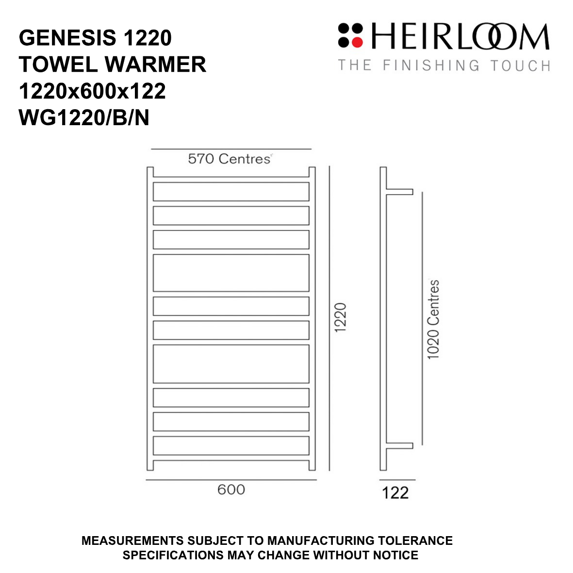 Heirloom Genesis Heated Towel Rail | 1220 x 600mm - Available in 3 Colours