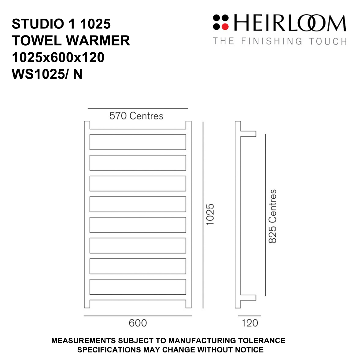 Heirloom Studio 1 Heated Towel Rail | 1025 x 600mm - Available in 2 Colours