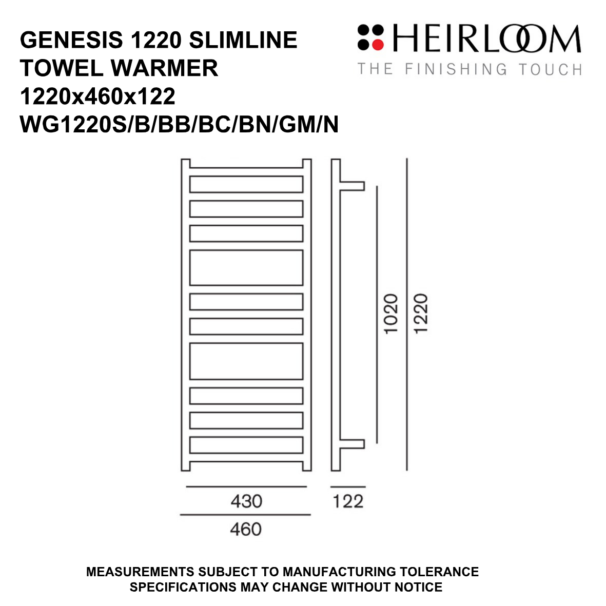 Heirloom Genesis Slimline Heated Towel Rail | 1220 x 460mm - Available in 7 Colours