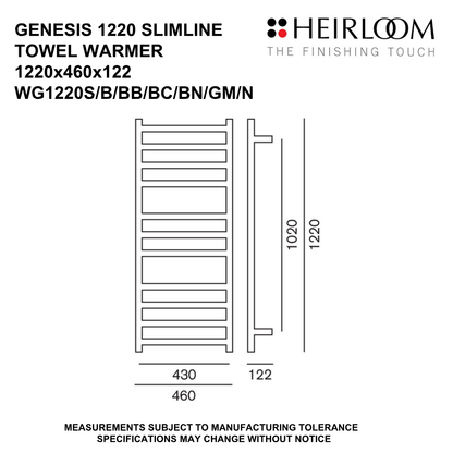 Heirloom Genesis Slimline Heated Towel Rail | 1220 x 460mm - Available in 7 Colours